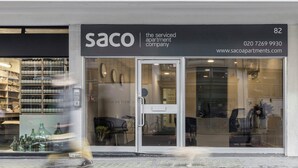 A storefront with the name 'SACO' and a contact number. - SACO Holborn - Lamb's Conduit Street (London)