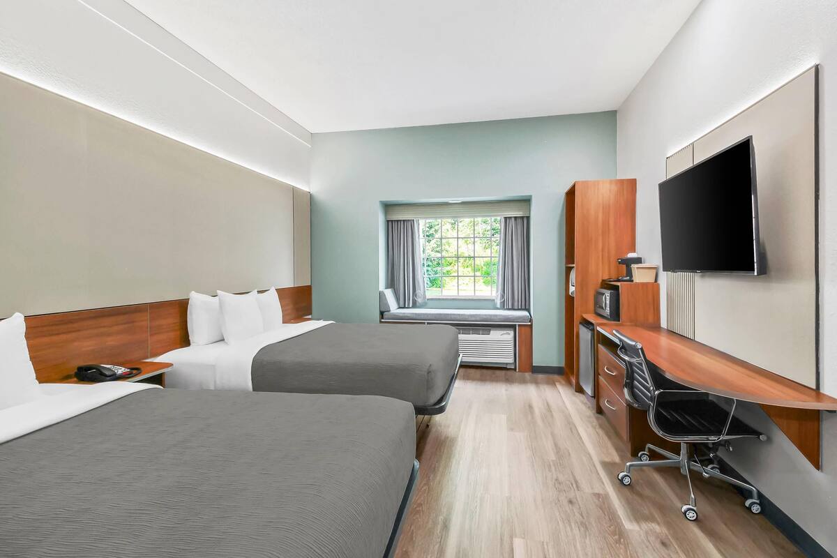 A hotel room with two beds, a desk, a TV, and a window with a view of greenery.