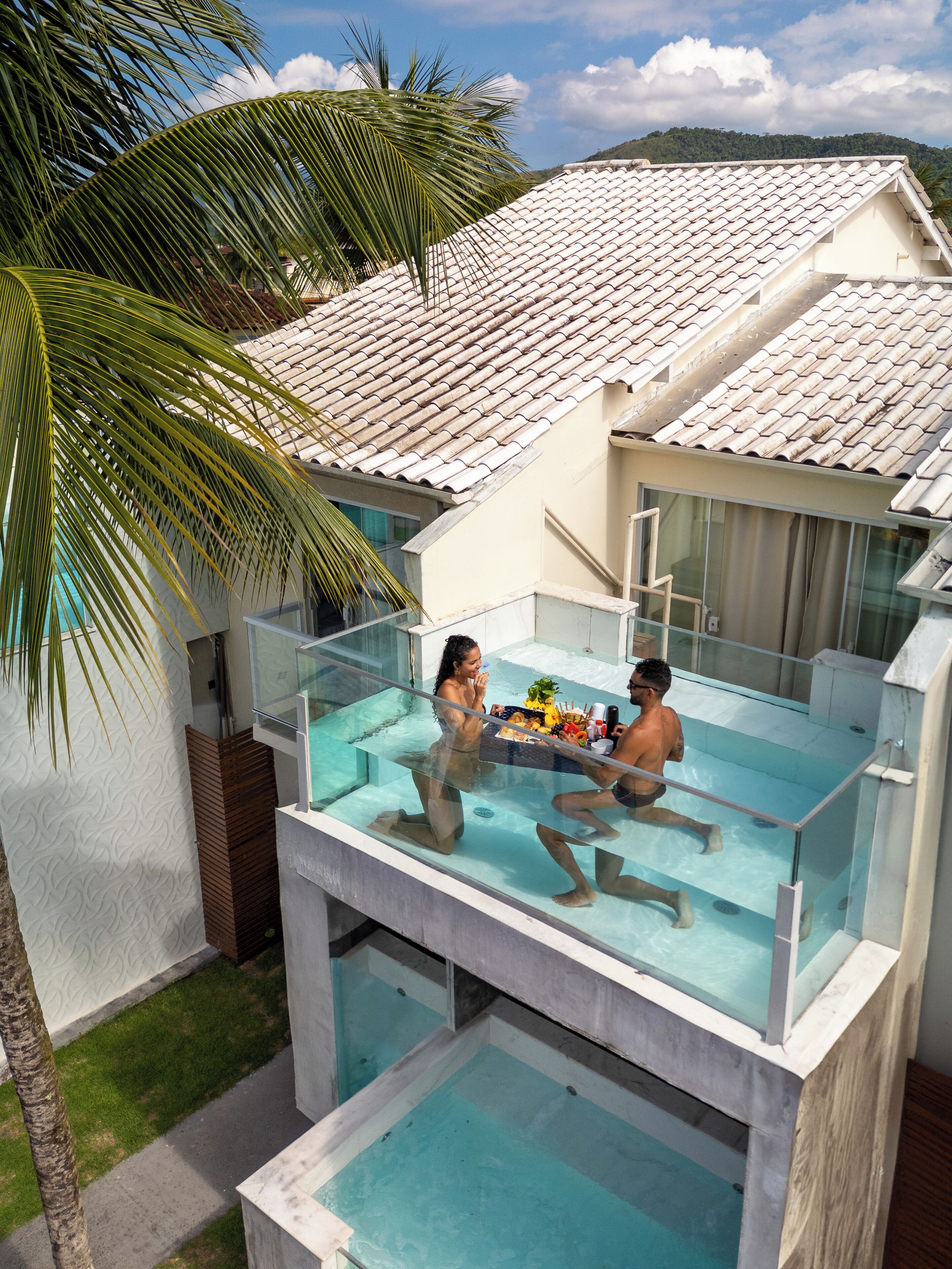 Une maison moderne dotée d’une piscine intérieure à panneaux de verre, d’un toit en tuiles et d’un palmier.