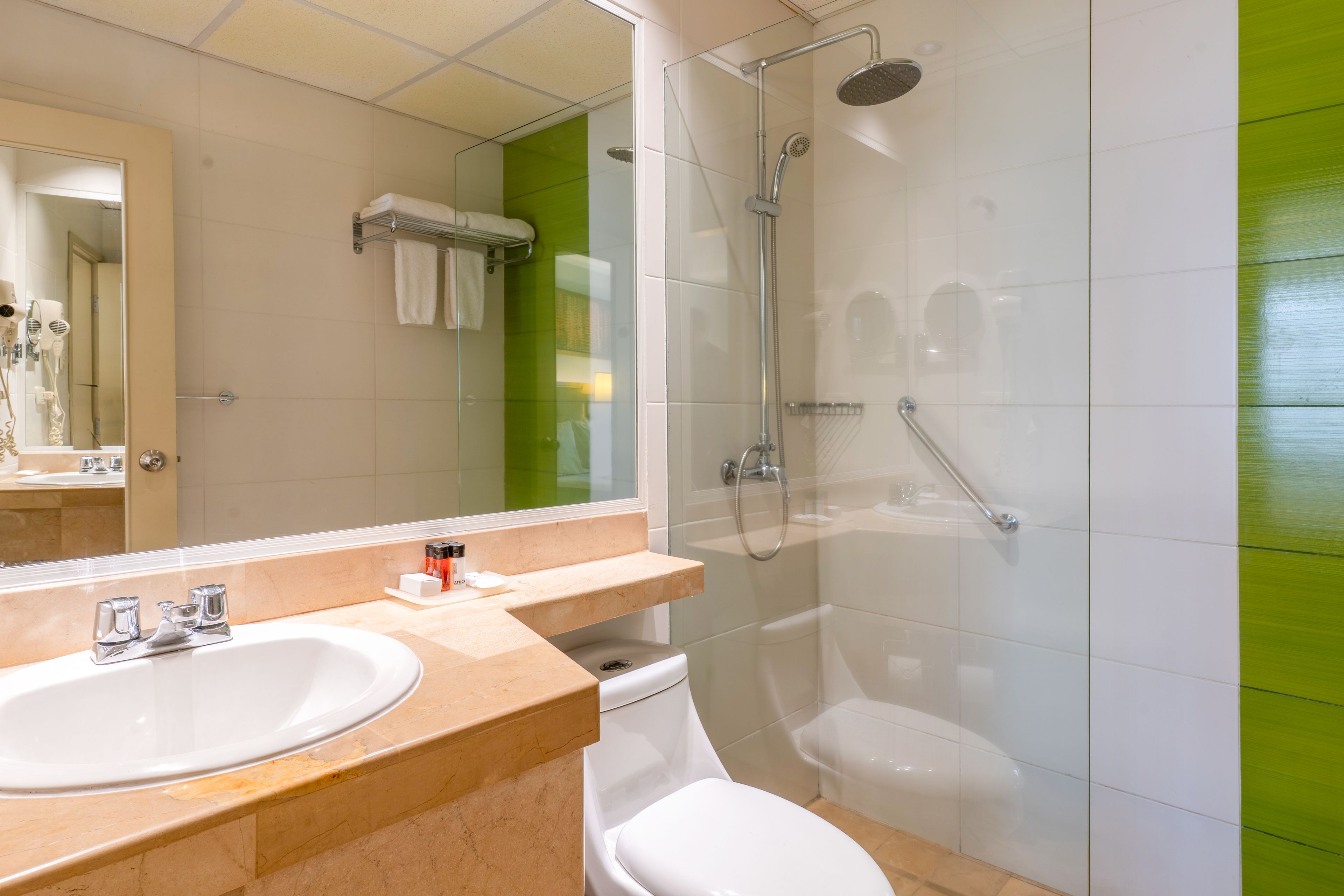 Une salle de bain avec un lavabo, un miroir et une douche.