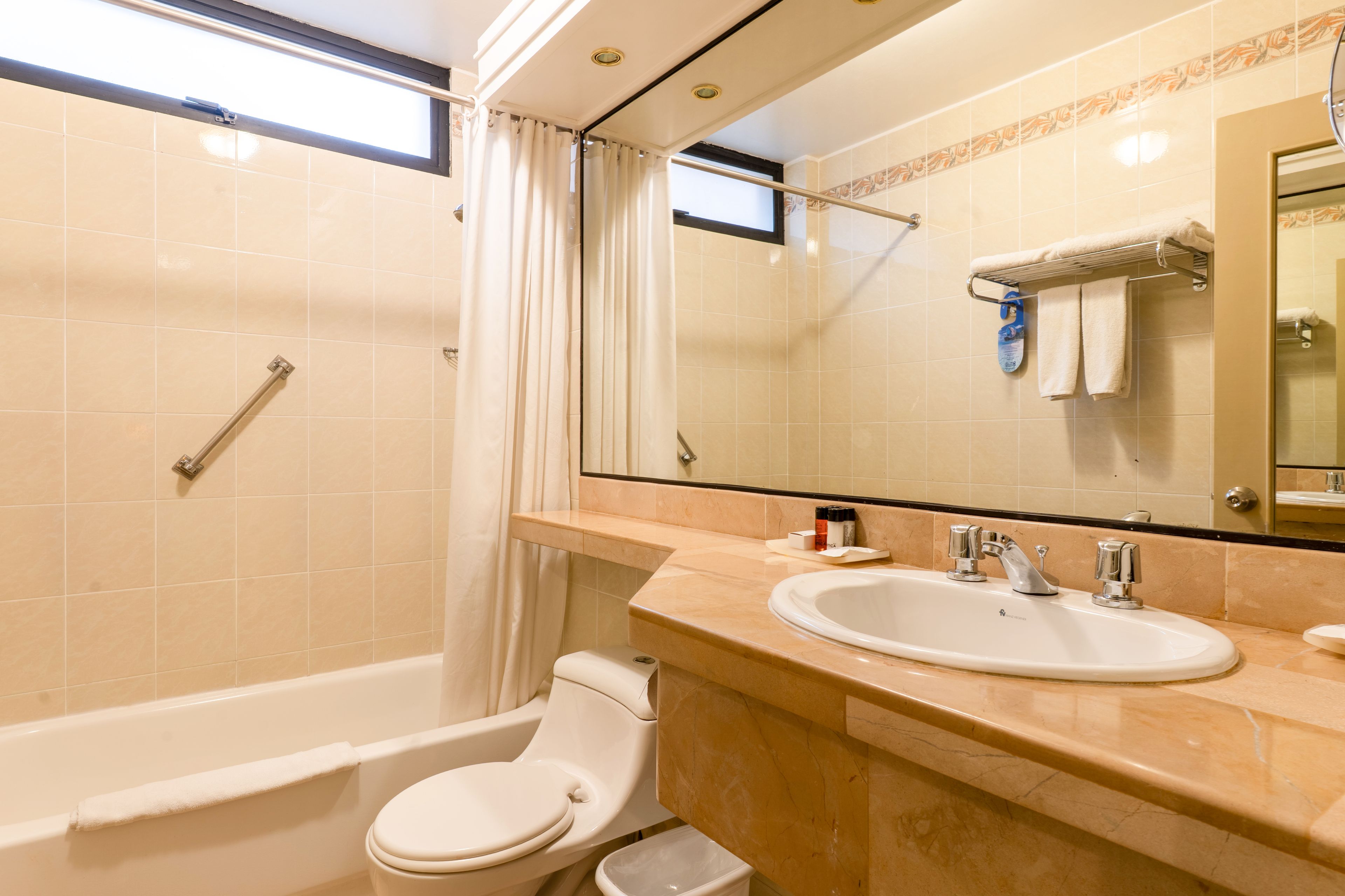 Un baño con bañera, inodoro, lavamanos y un espejo grande.