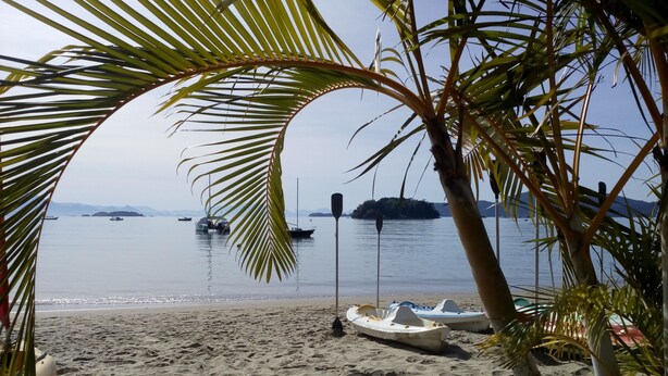 A beach with boats, a small island, and palm trees. - Hostel Sereia do Mar (Paraty)