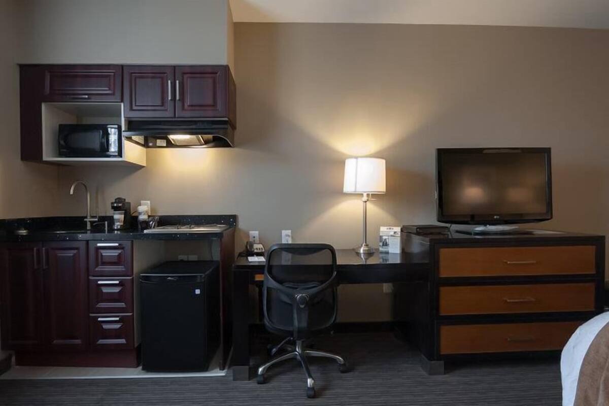 fridge, microwave, coffee/tea maker, cookware/dishes/utensils