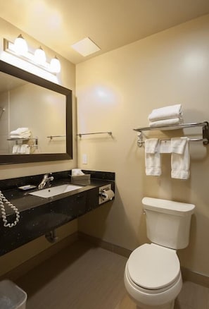 Separate bathtub and shower, rainfall showerhead, free toiletries