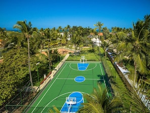 An outdoor basketball court surrounded by palm trees and a clear blue sky.