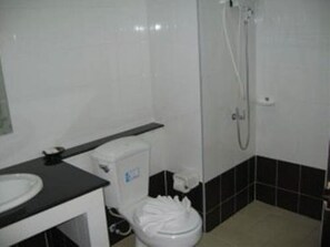 Un baño con inodoro, lavamanos y ducha.