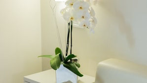 Ein ordentlich bezogenes Bett mit weißen Leinen, ein weißer Nachttisch mit Lampe und eine weiße Orchidee in einer Vase.