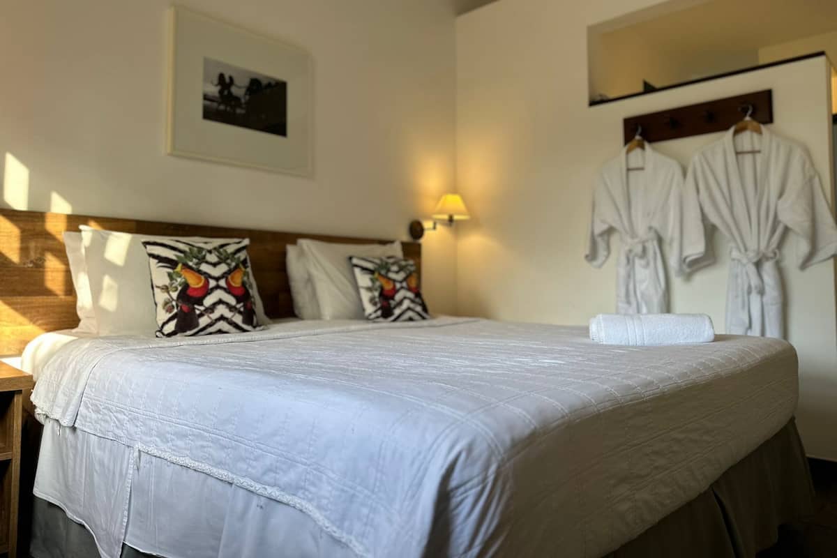A neatly made bed with a white duvet and pillows, a bedside table with a lamp, and a wall-mounted robe rack with towels.