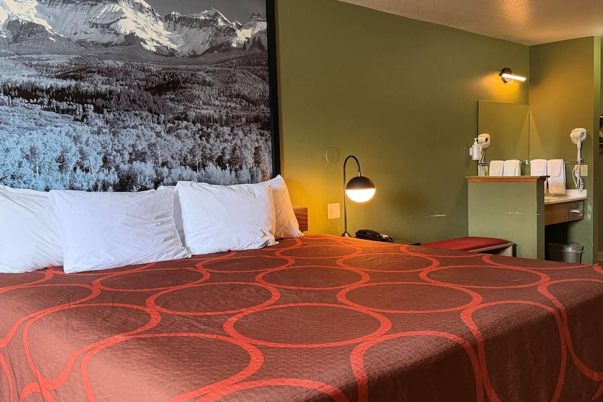 Une chambre d’hôtel avec un grand lit, une table de chevet, un miroir, un sèche-cheveux et une lampe fixée au mur.