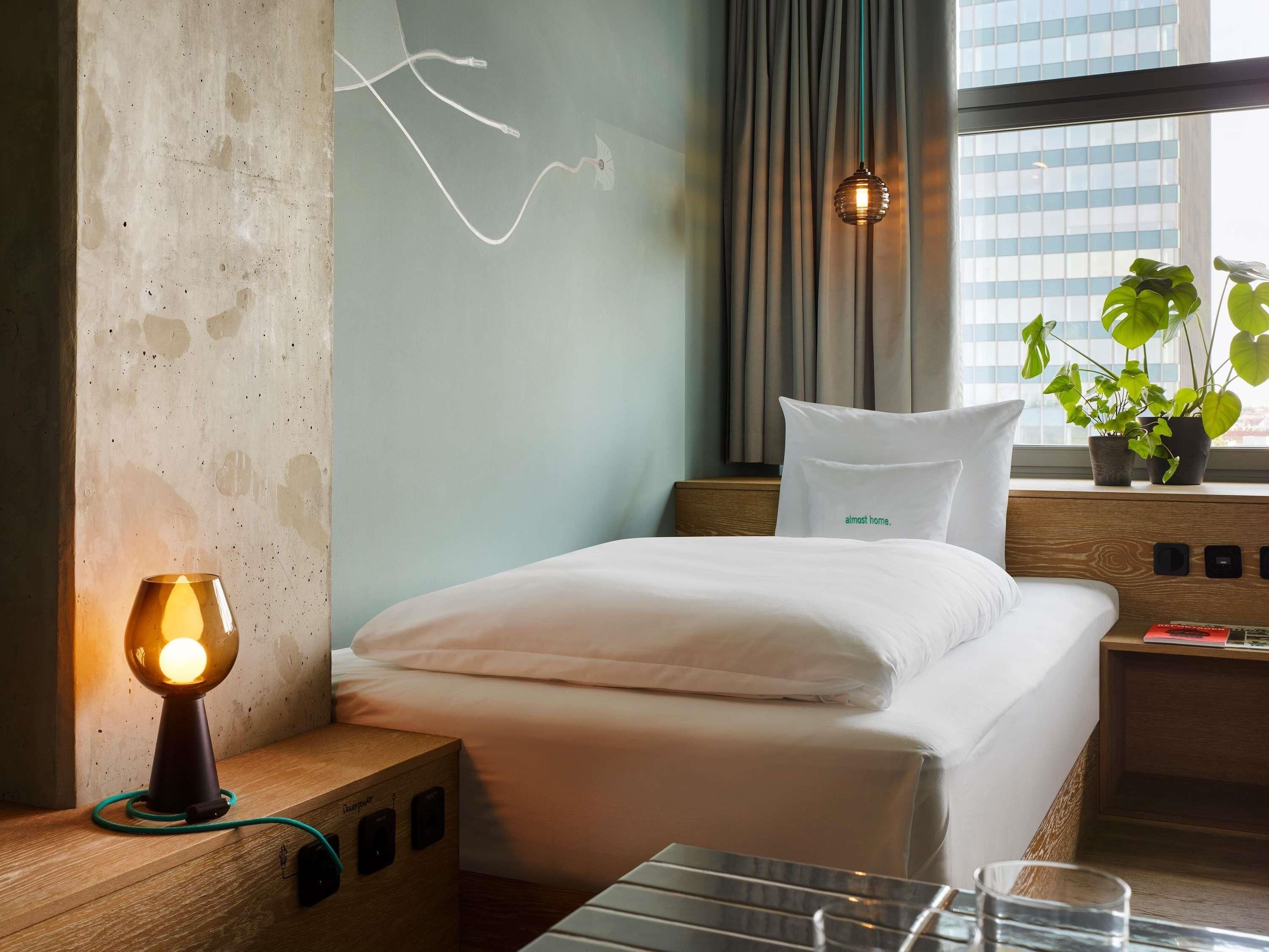 A hotel room with a bed, bedside table with a lamp, a window with curtains, and a plant on the windowsill.