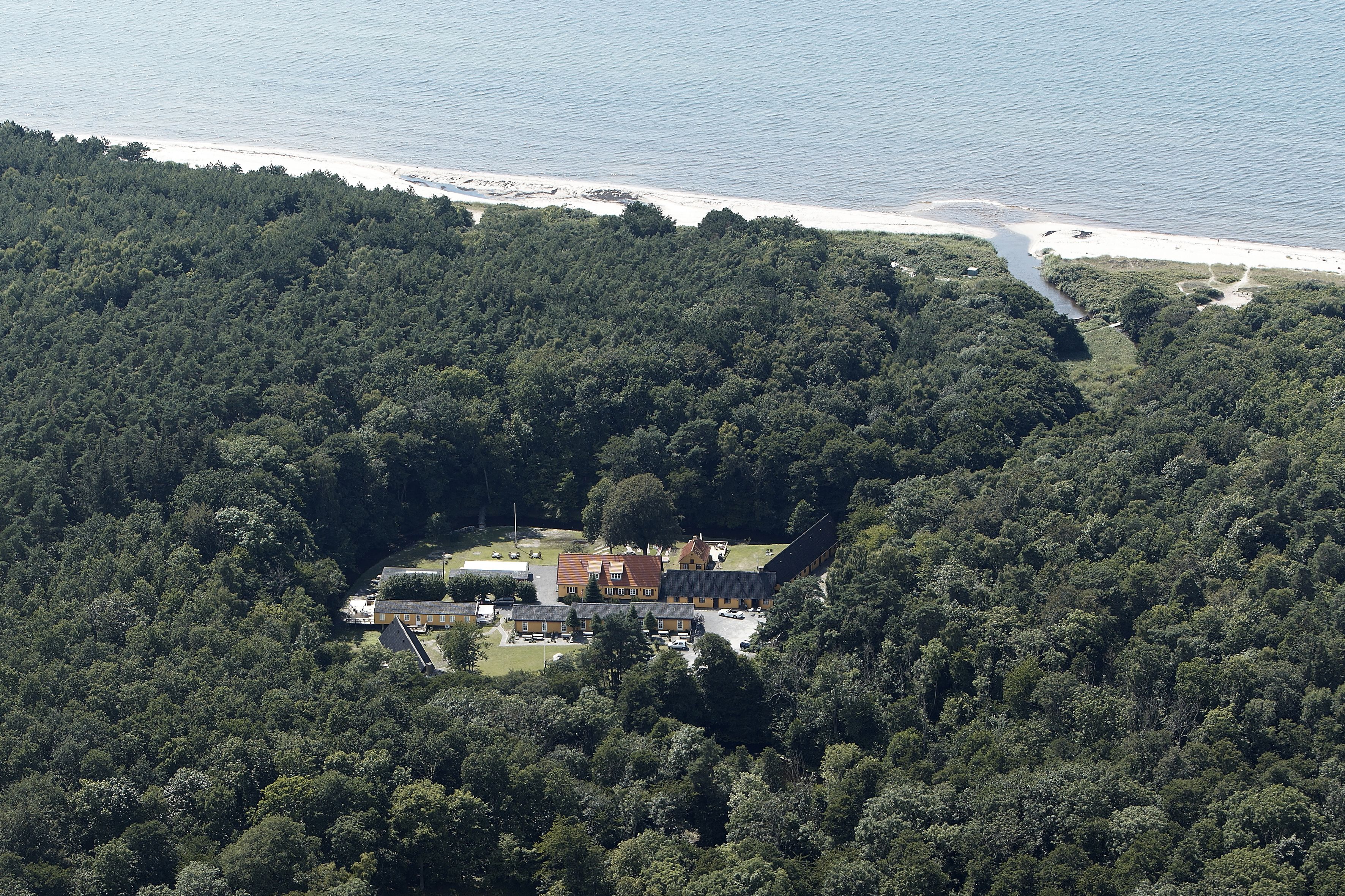 Vista aerea di una zona boscosa con un complesso di edifici circondato da alberi fitti.