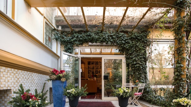 Una entrada con puerta de vidrio, pérgola de madera y plantas en macetas.