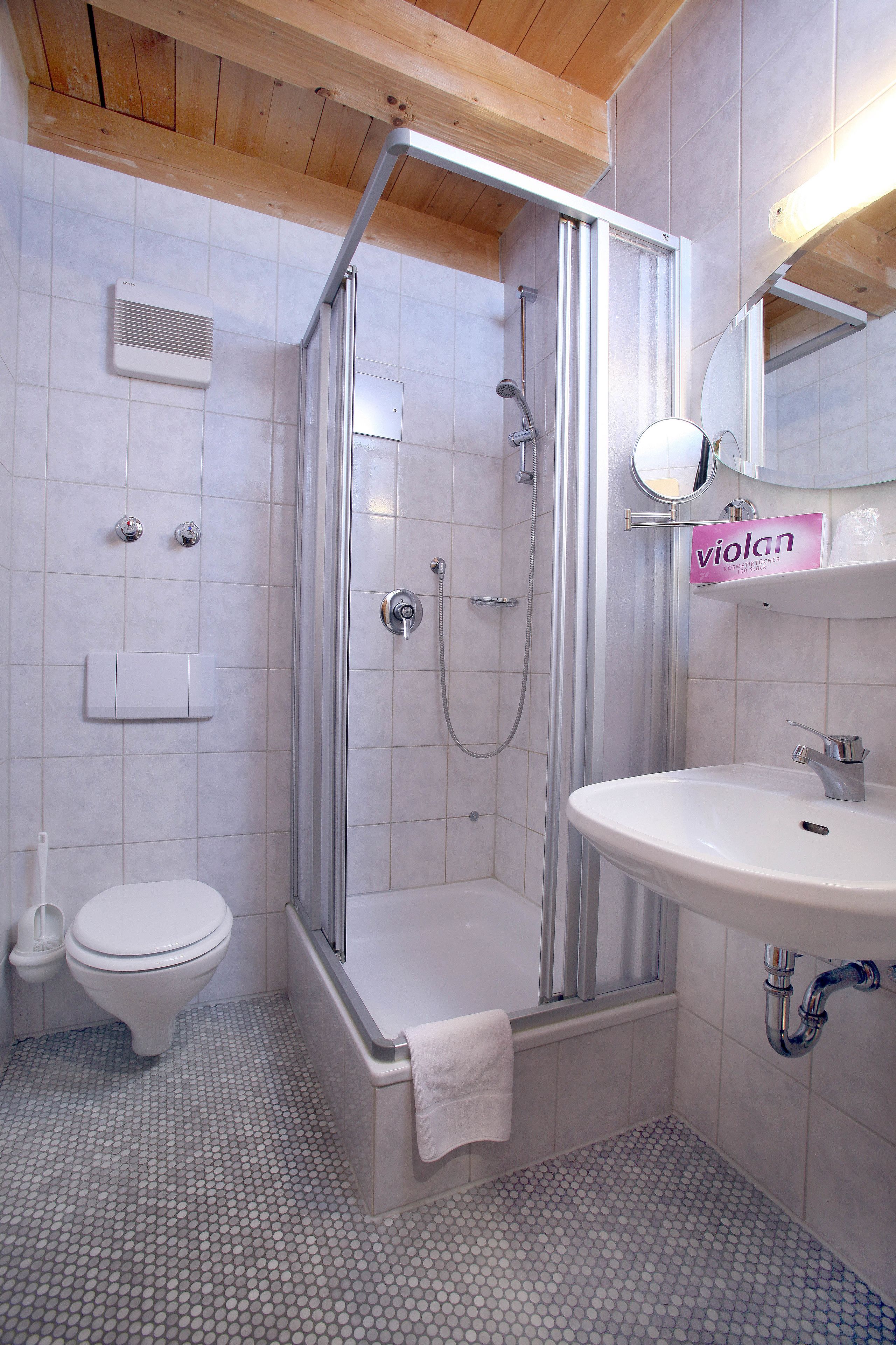 Et stilfuldt badeværelse med brusekabine i glas, toilet og håndvask.