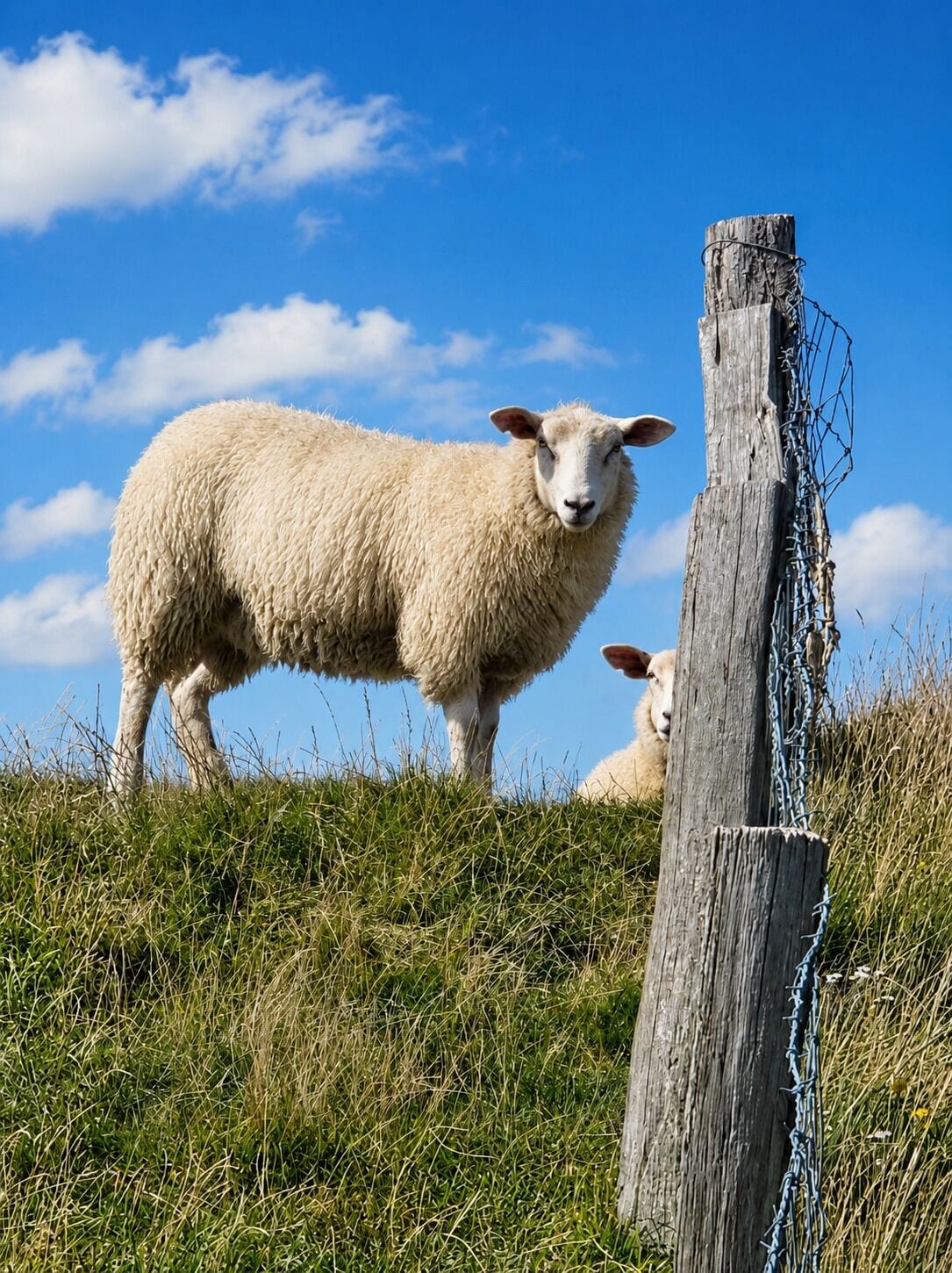 A sheep standing on a grassy hill with a clear blue sky in the background.