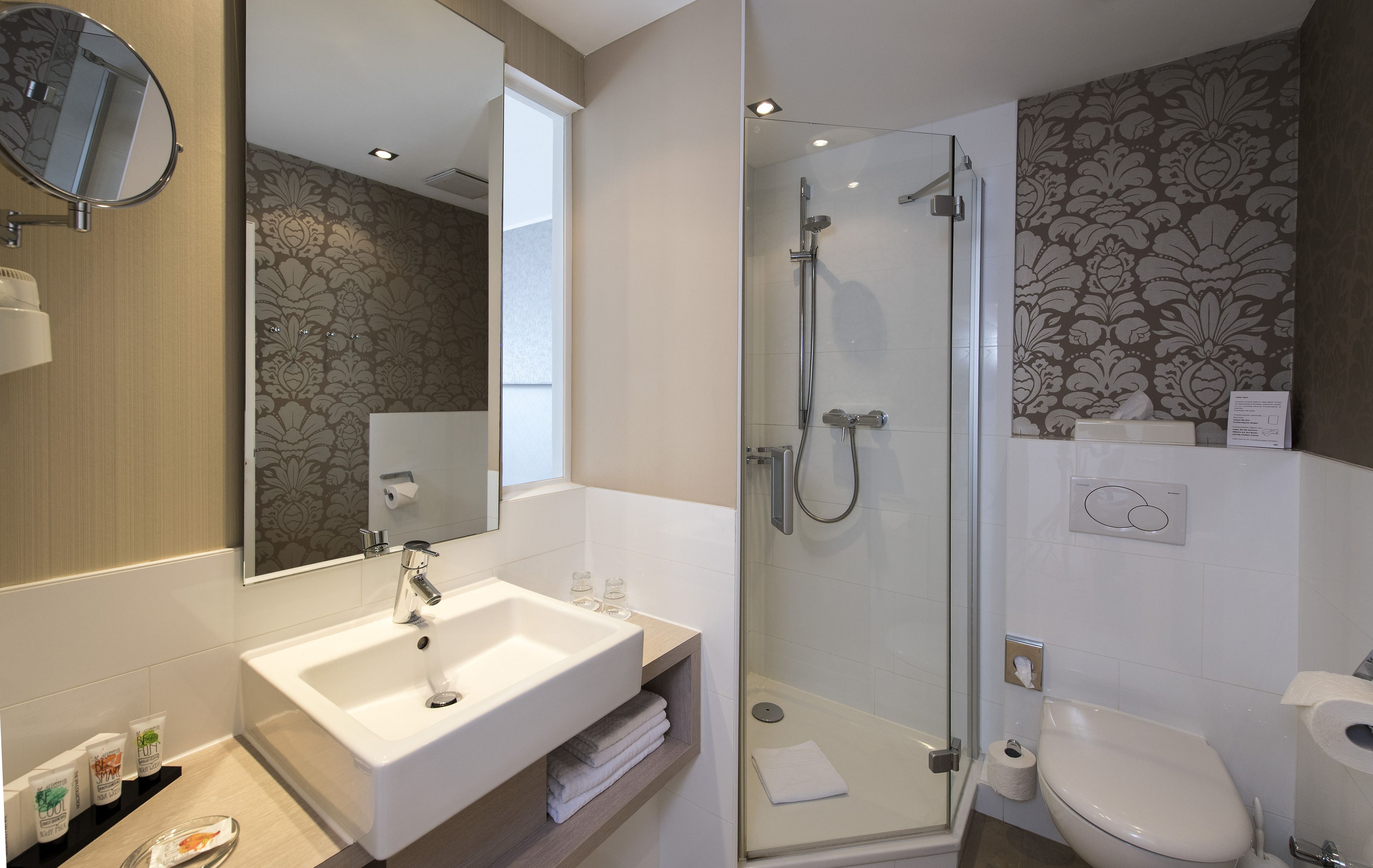 shower, free toiletries, hair dryer, towels