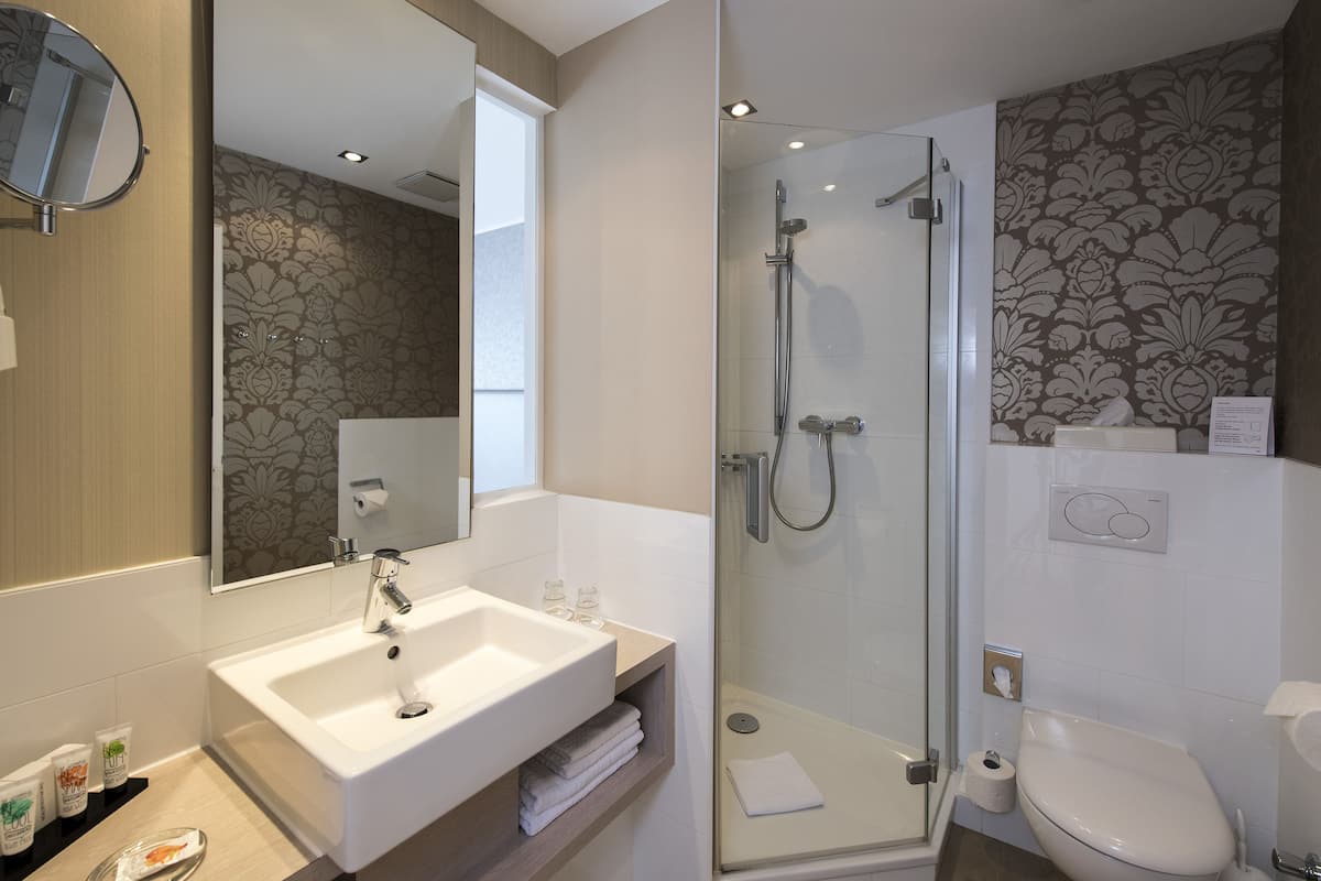 shower, free toiletries, hair dryer, towels