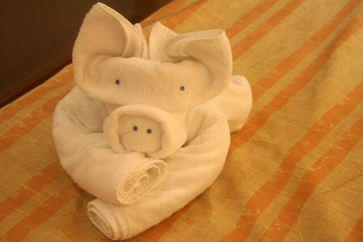 Una toalla con diseño de oso sobre un edredón a rayas.