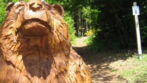 A wooden sculpture of a lion's head in a forested area with a path and informational signs. - Hotel Vicinity (Hoppstaedten-Weiersbach)