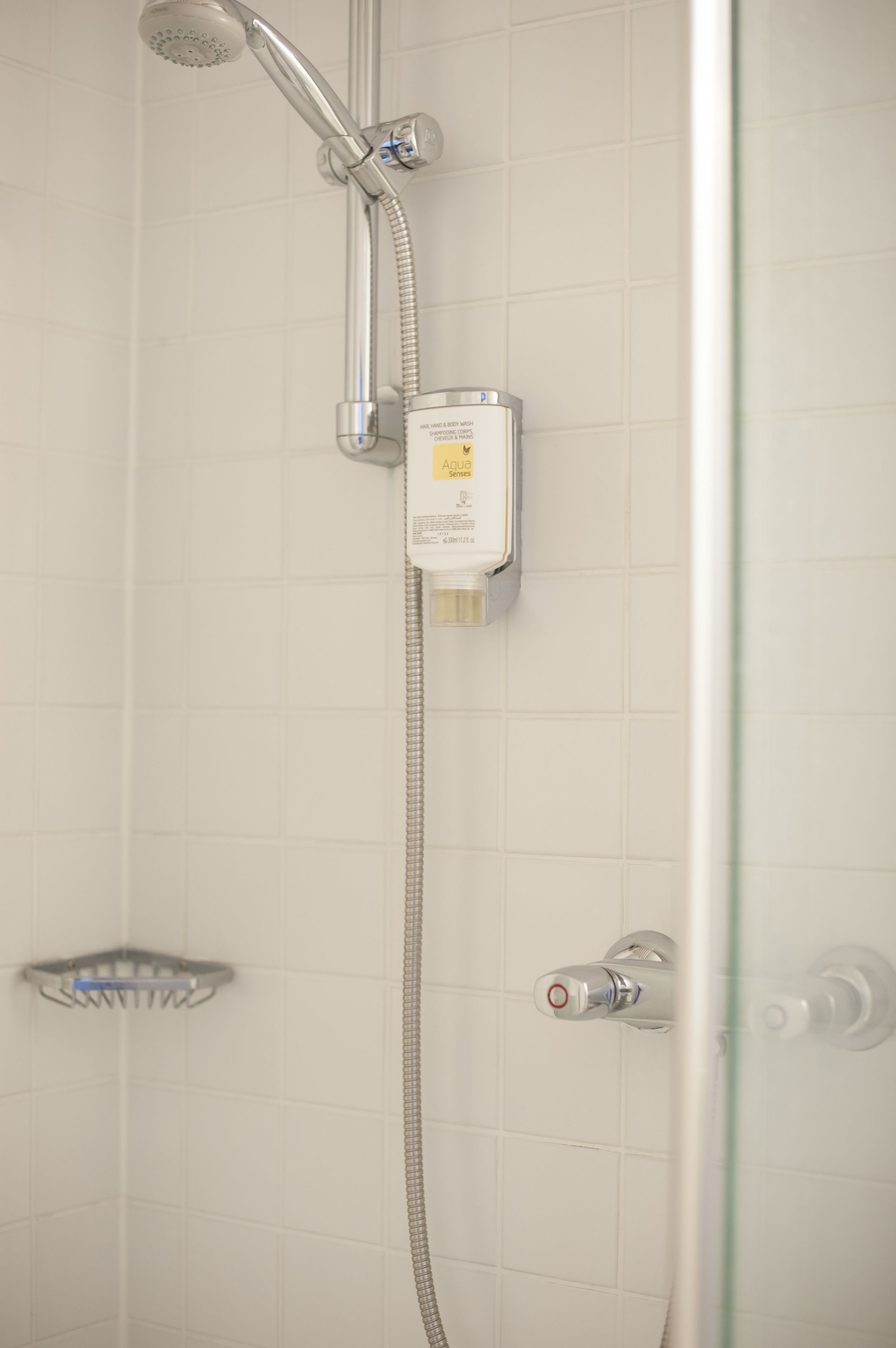 Une douche équipée d’un pommeau de douche à main et d’un panneau de commande fixé au mur.