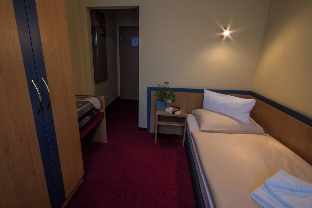 A hotel room with a bed, a desk with a lamp, a wardrobe, and a small plant.