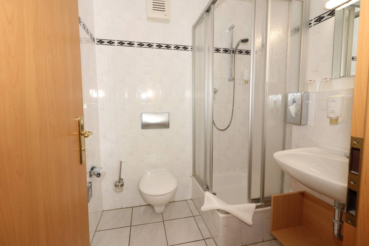 standard double room | bathroom | shower, free toiletries, hair dryer, towels