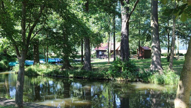 A serene riverside setting with a wooden dock, lush greenery, and a small cabin in the background. - Hotel Radduscher Hafen (Vetschau/Spreewald)