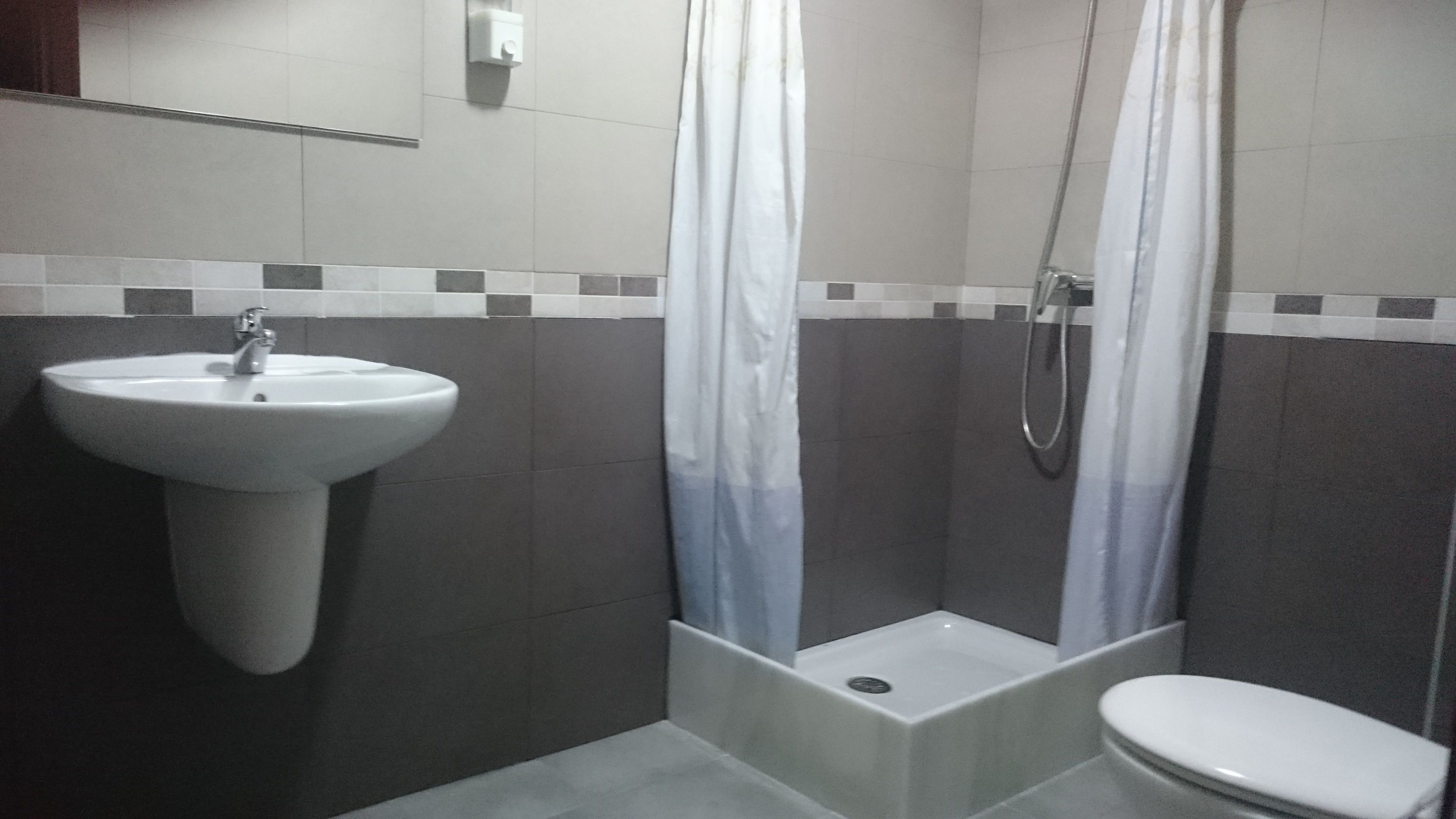 Een badkamer met een wastafel, toilet en douche.