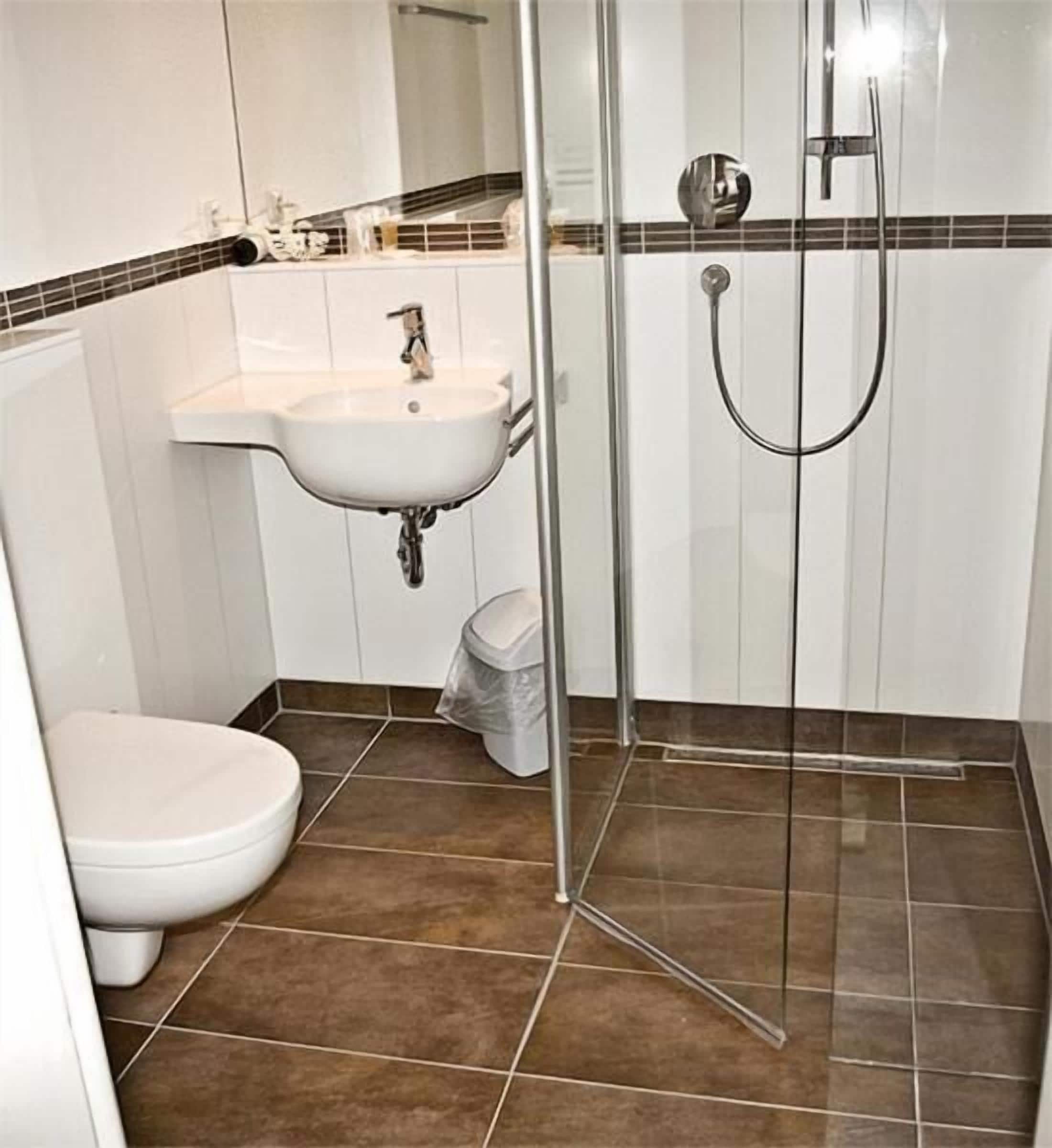 Een badkamer met een witte wastafel, een toilet en een douche met glazen wand.