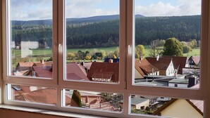 Una ventana con varios paneles que muestra una zona residencial, con casas de techos rojos y una colina boscosa al fondo.