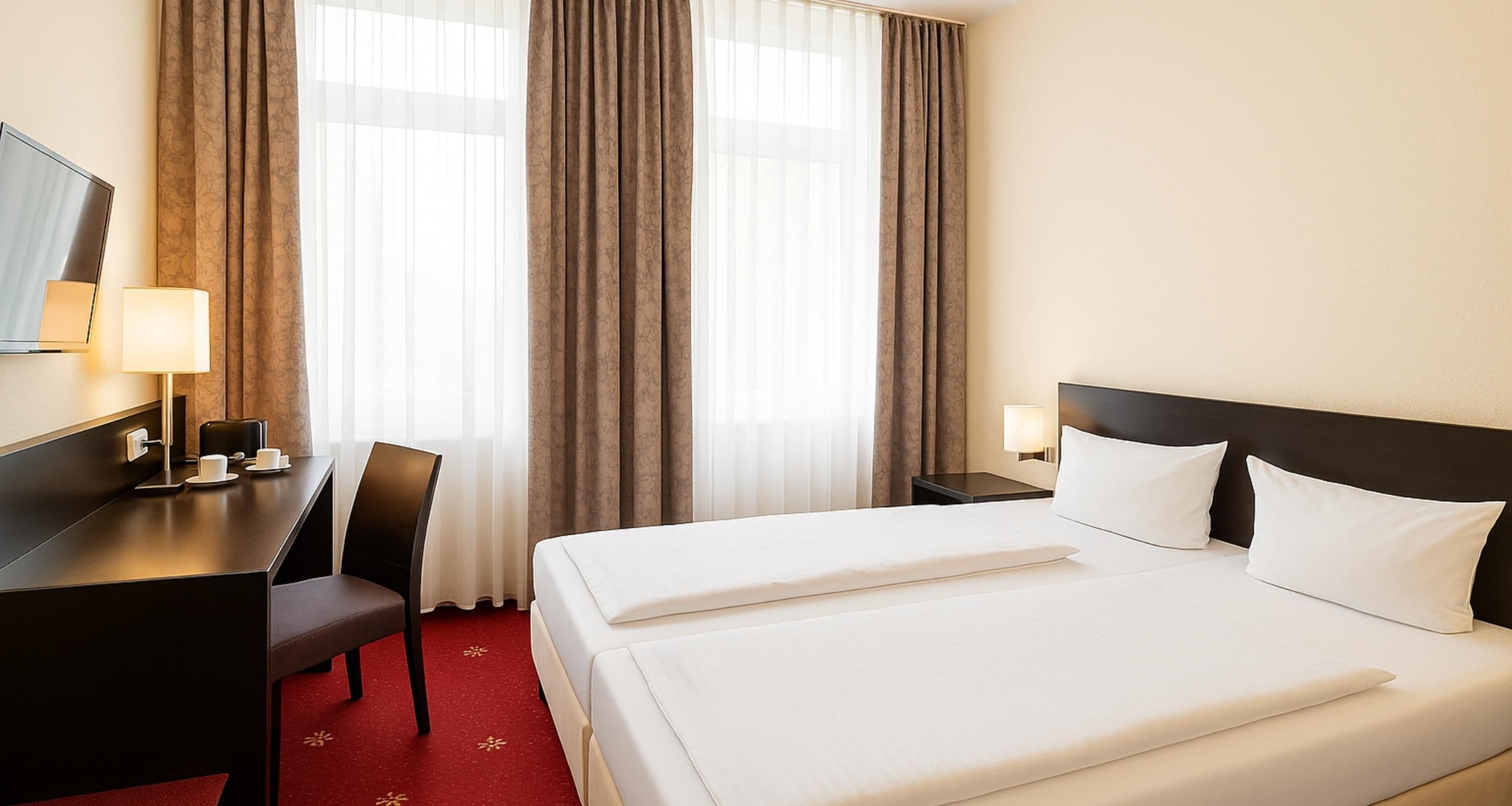 Une chambre d’hôtel avec un lit, un bureau, une chaise, une télévision et une fenêtre avec des rideaux.