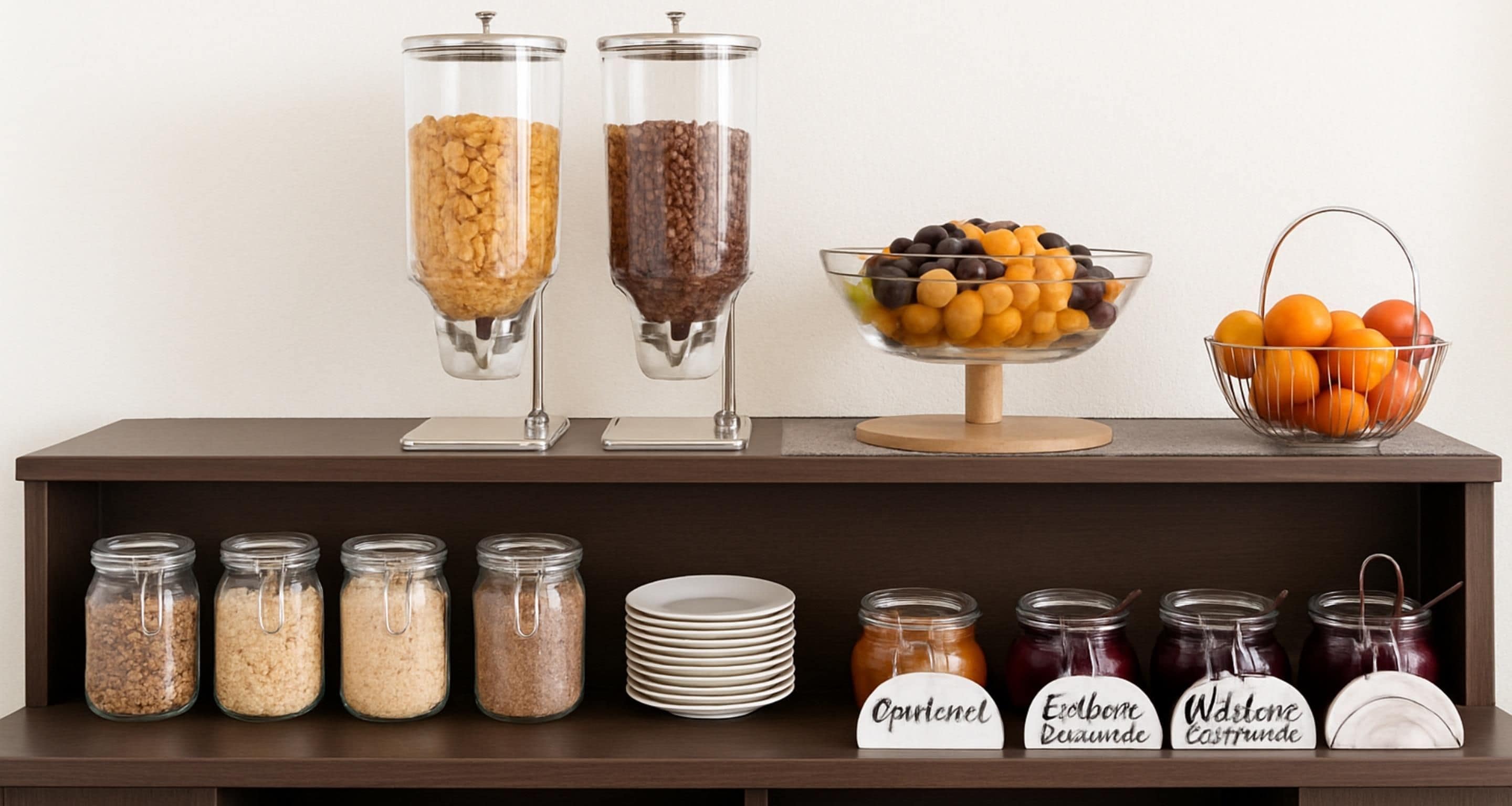 Un buffet proposant une variété de plats et des récipients étiquetés.