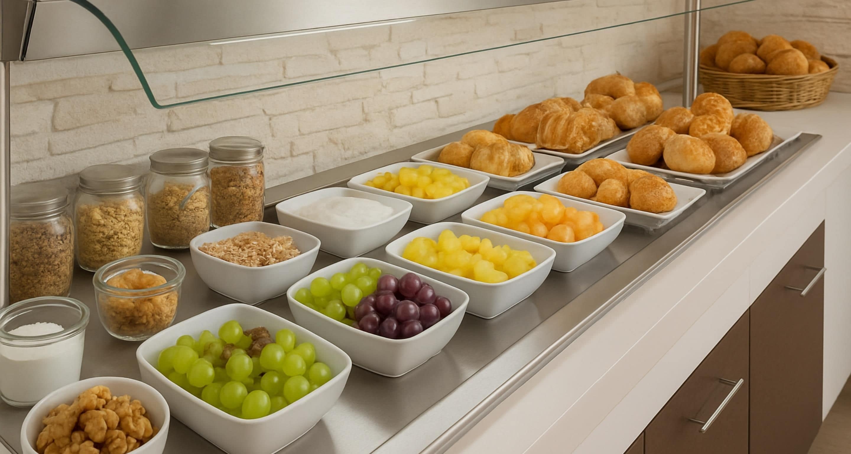 A buffet with various food items including fruits, nuts, and pastries.