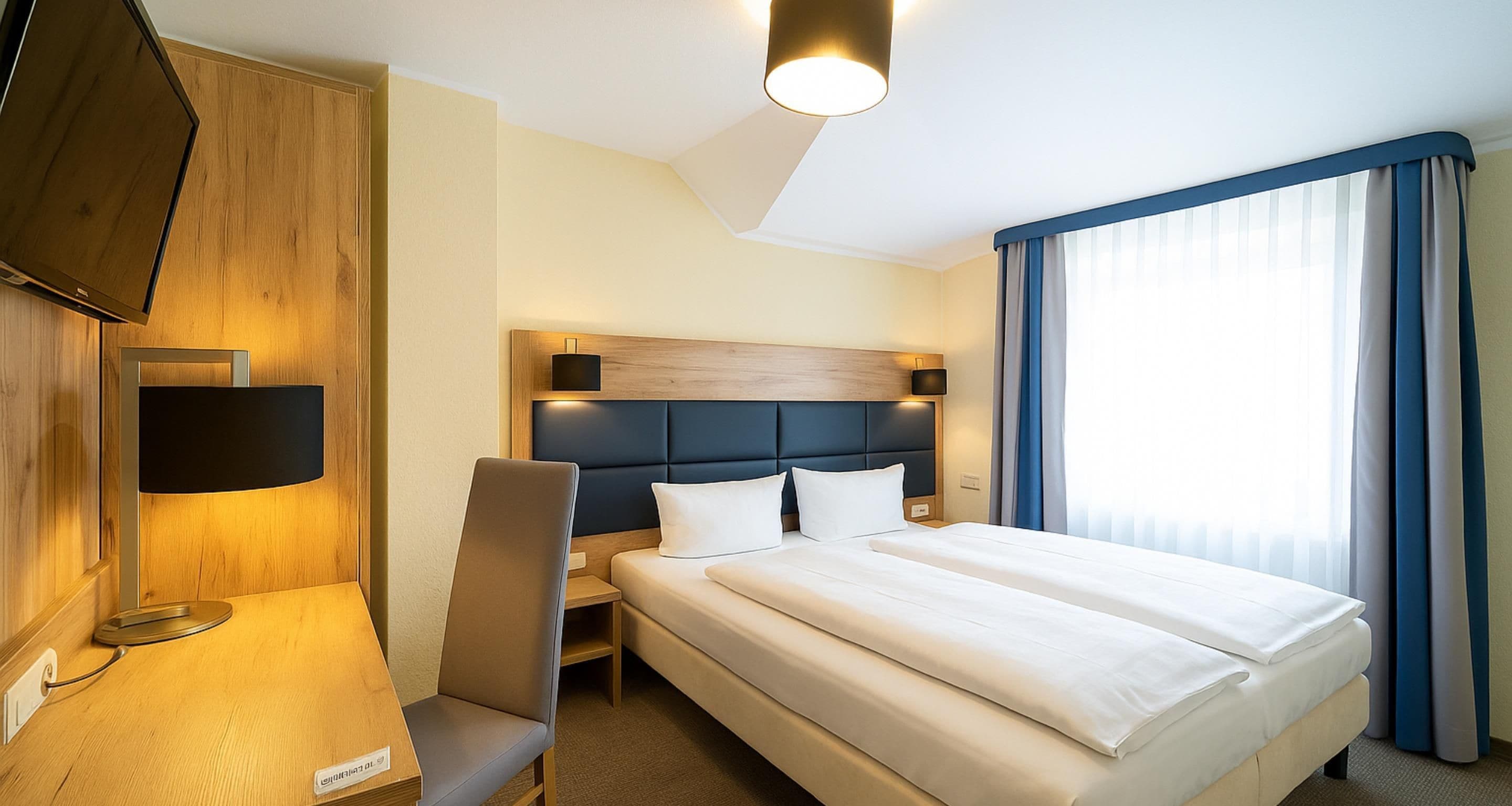 A hotel room with a bed, a desk, a chair, a TV, and a window with curtains.