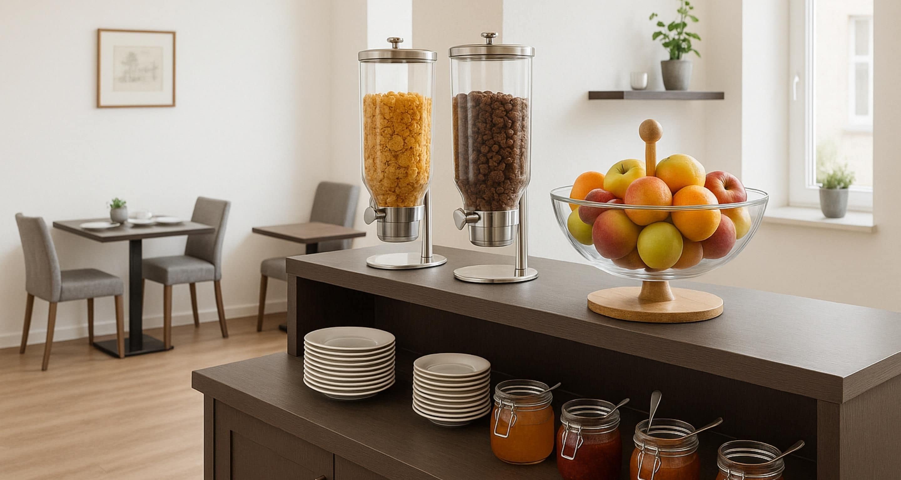 Una barra de desayuno con un bol de fruta, dos dispensadores de comida y pilas de platos blancos.