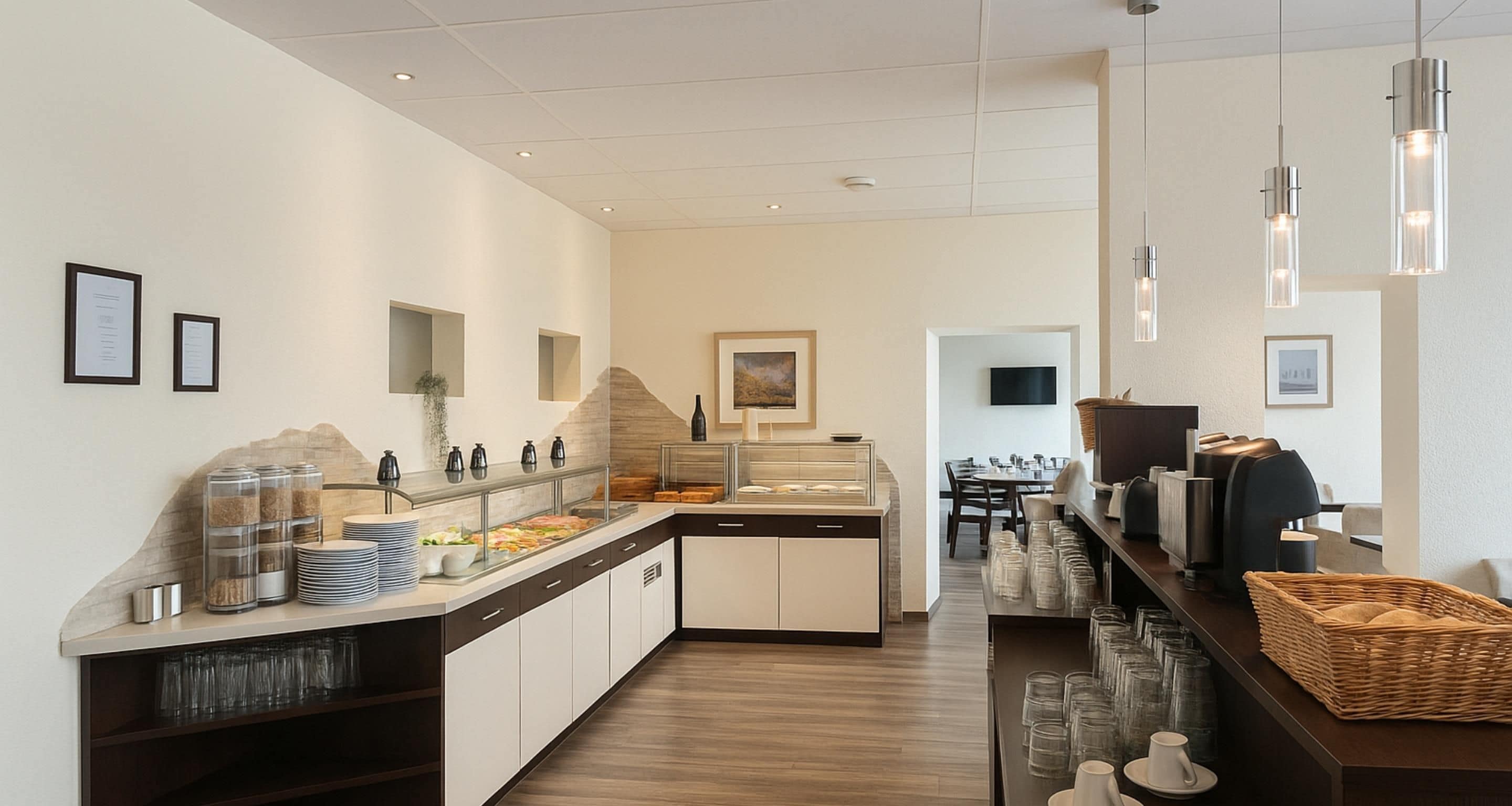 A modern kitchen with a buffet setup, including glass containers and a coffee station.