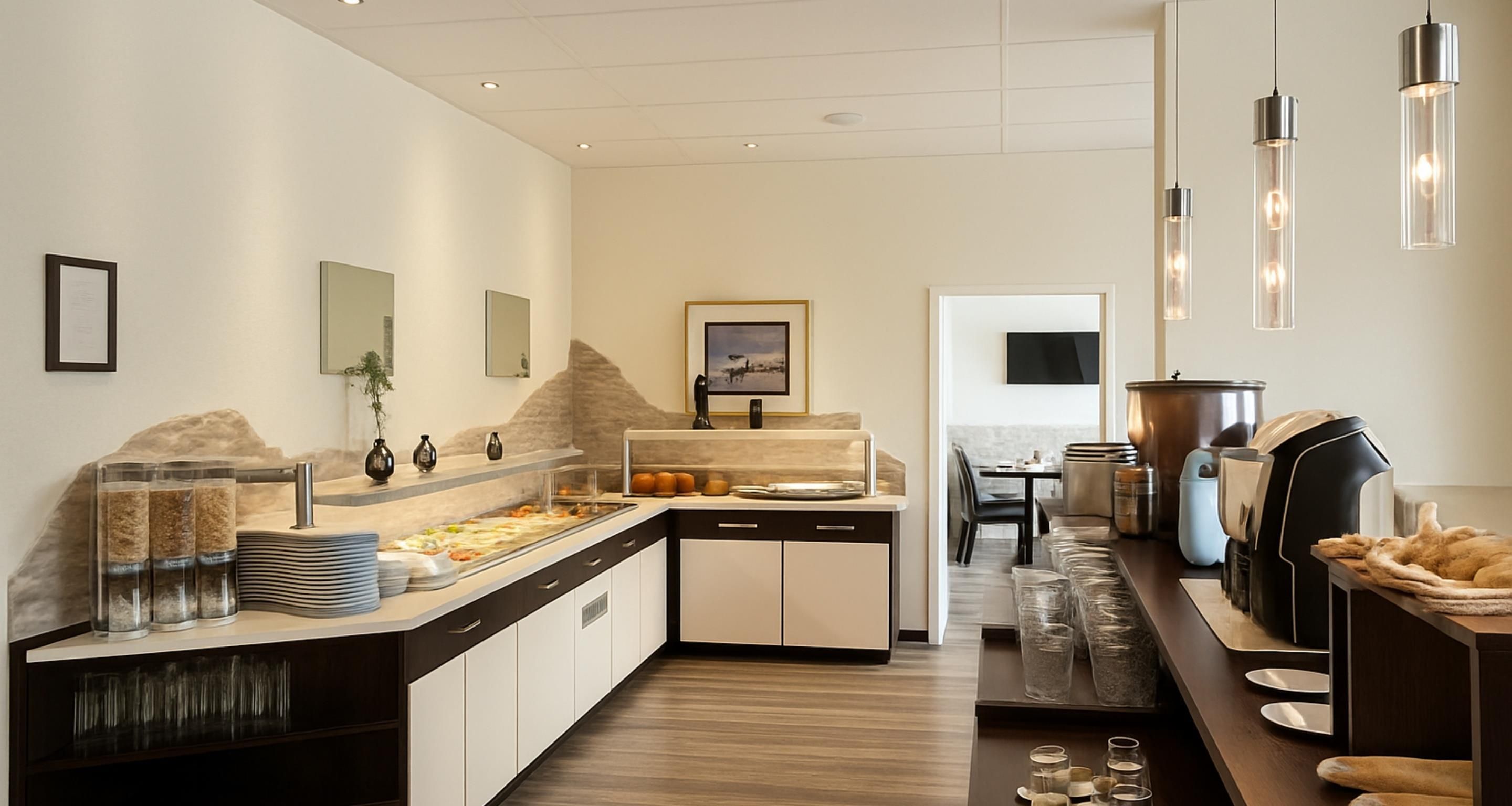 A modern kitchen with a buffet setup, including a counter with food items and a dining area with chairs and a table.