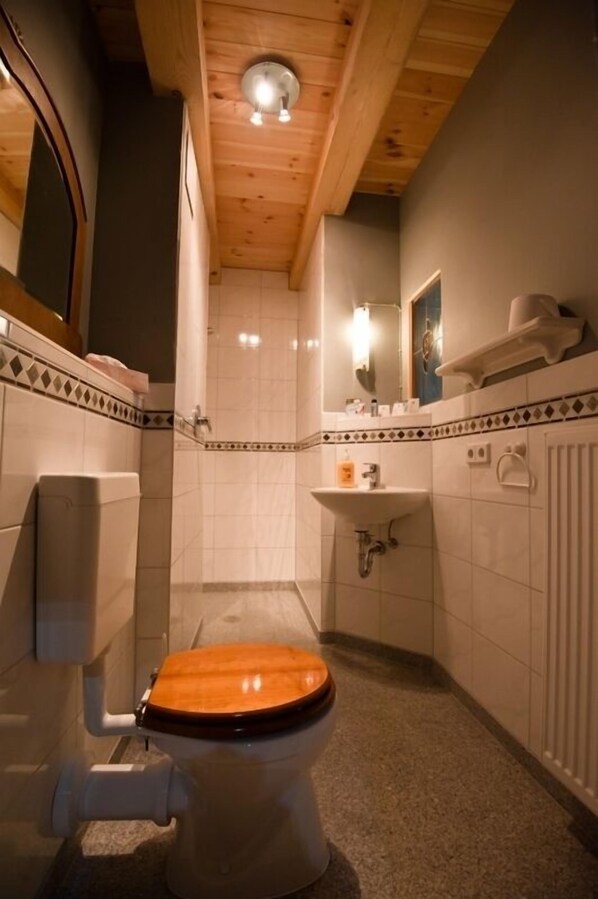 Un baño con techo de madera, un inodoro con asiento de madera, un lavabo y un espejo.