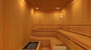 A sauna with wooden benches and a bench with a towel. - Landgasthof Scherer (Wenden)