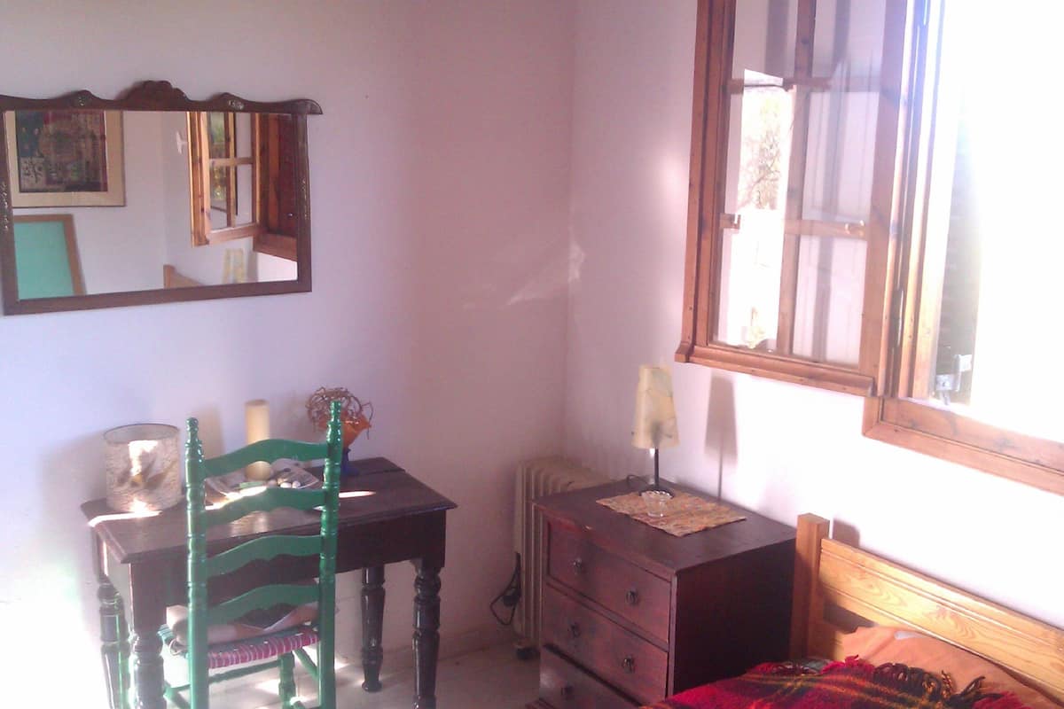 A bedroom with a wooden bed, a dresser, a chair, a desk, and a mirror on the wall.