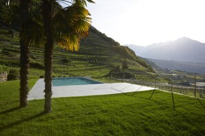 Outdoor pool, an infinity pool, pool umbrellas, pool loungers