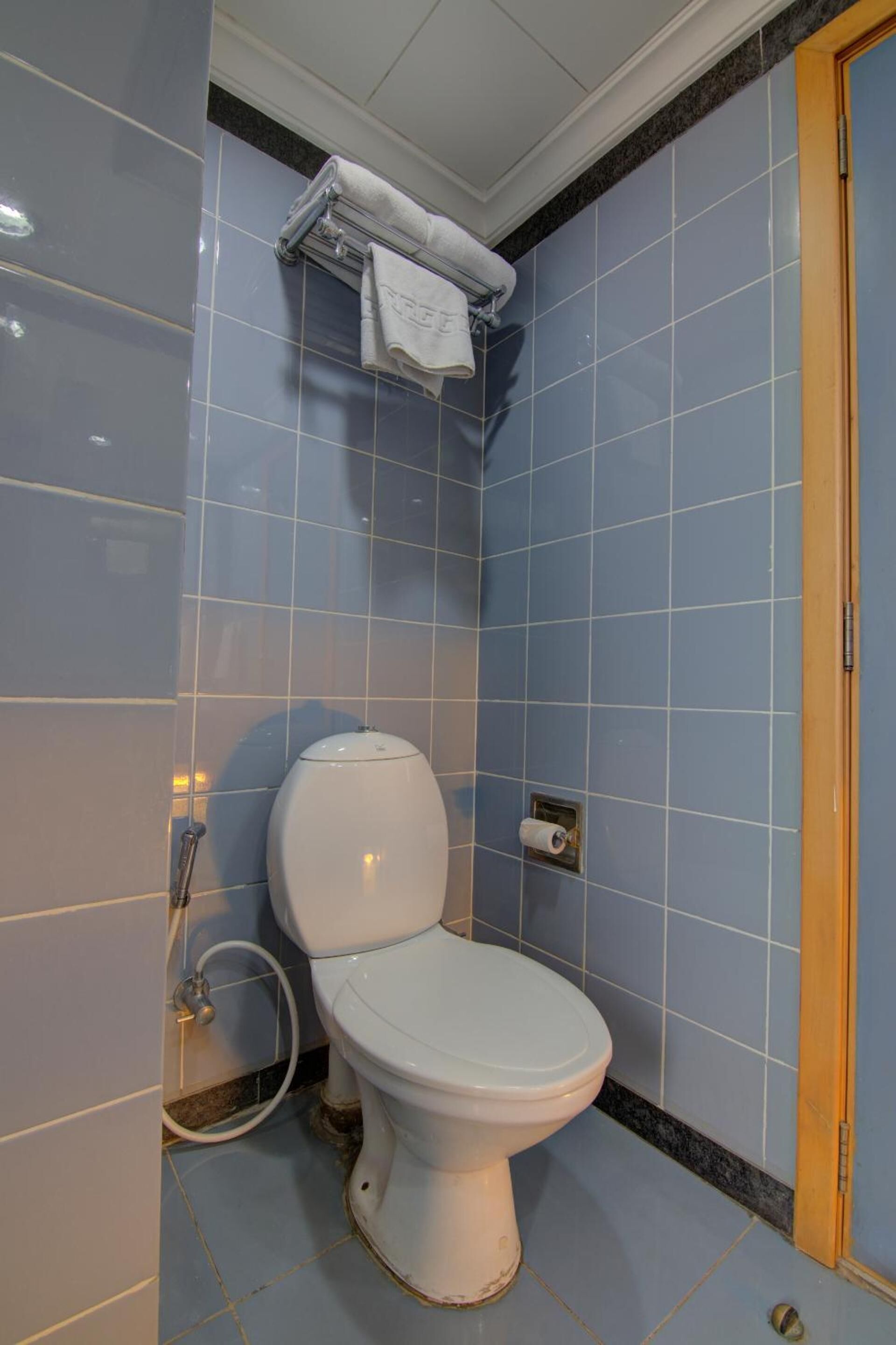 Une salle de bain avec des toilettes blanches, des carreaux bleus et un porte-serviettes.