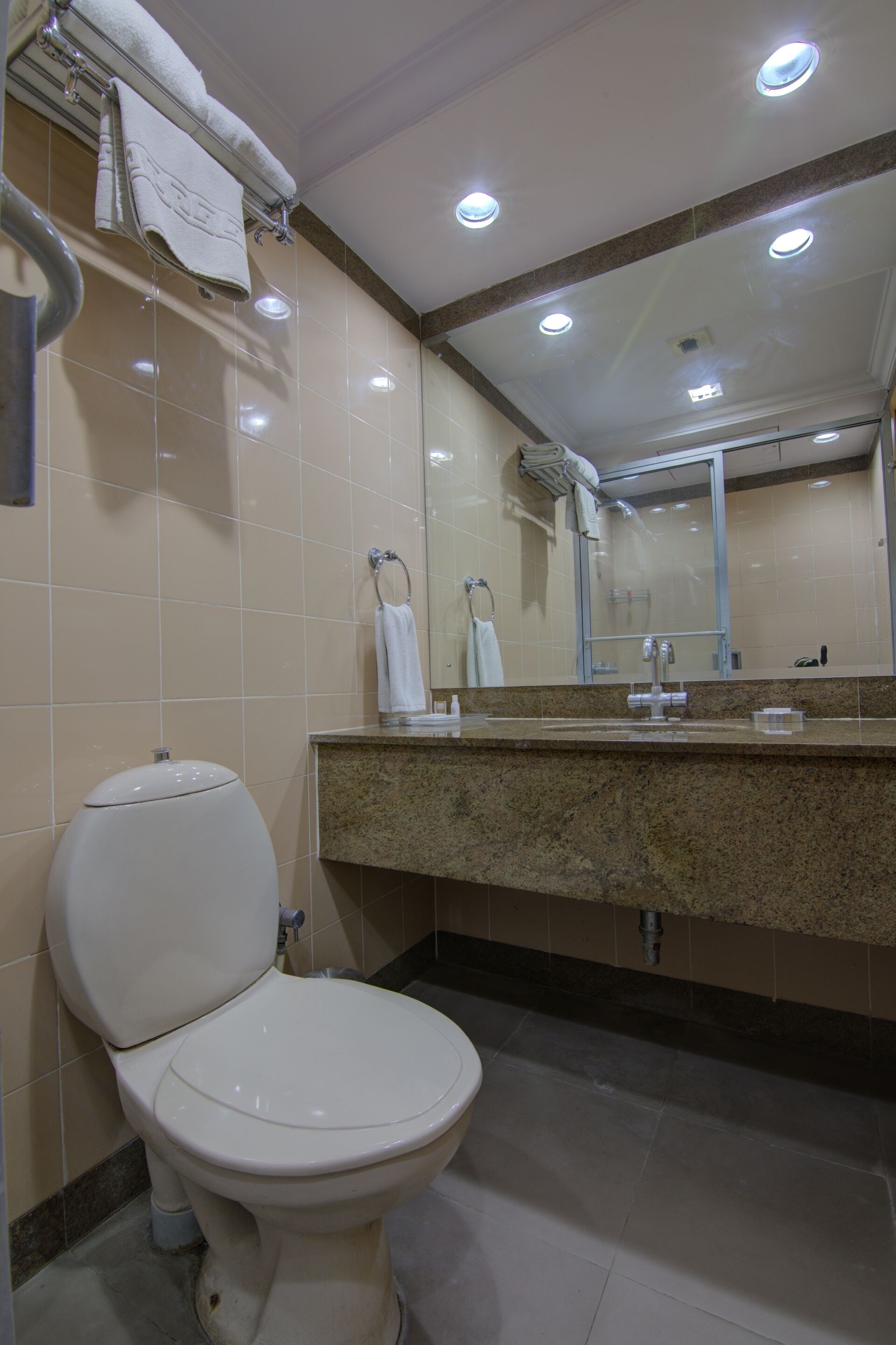 Un bagno con il water, lavandino, specchio e porta asciugamani.