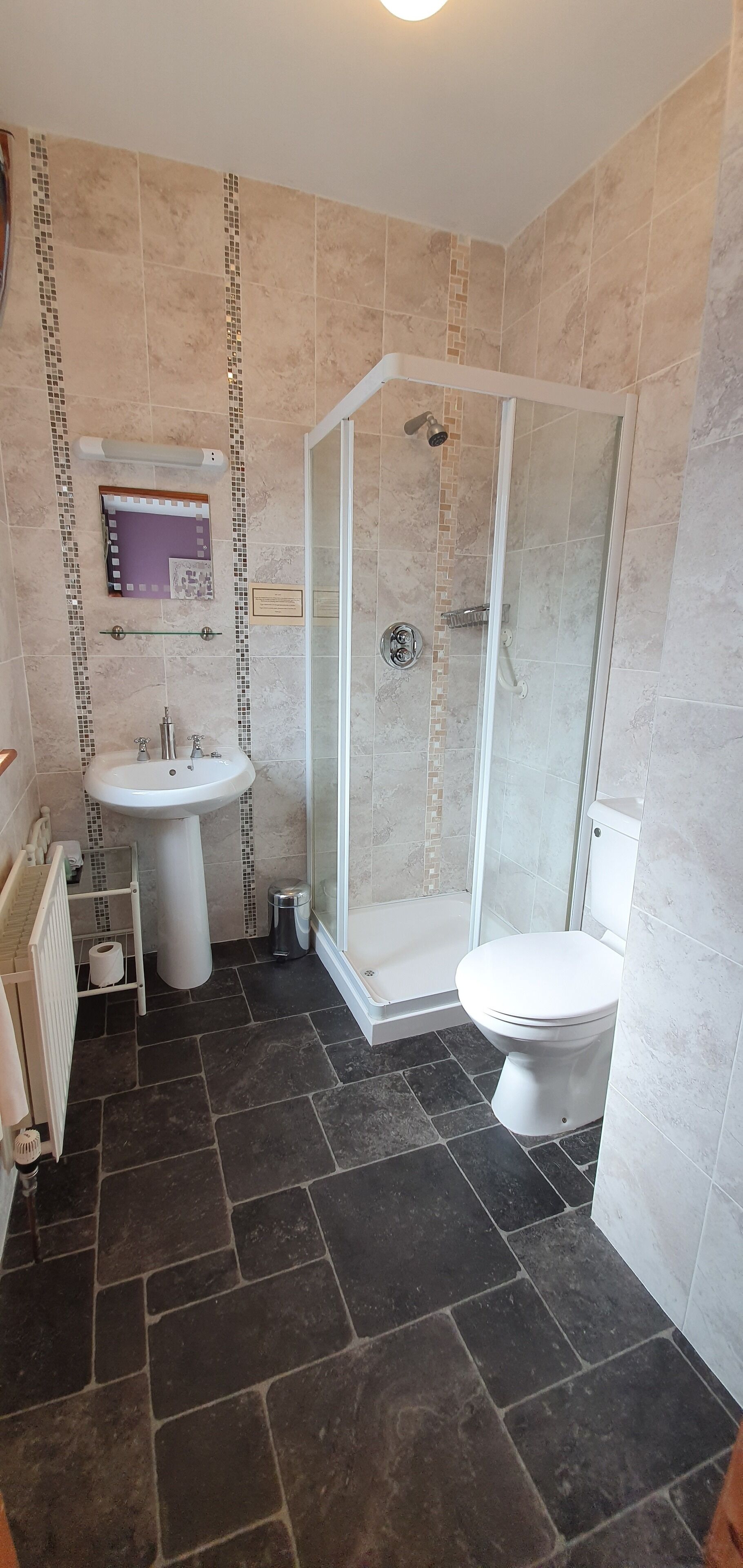 A bathroom with a shower, toilet, sink, and a small mirror.