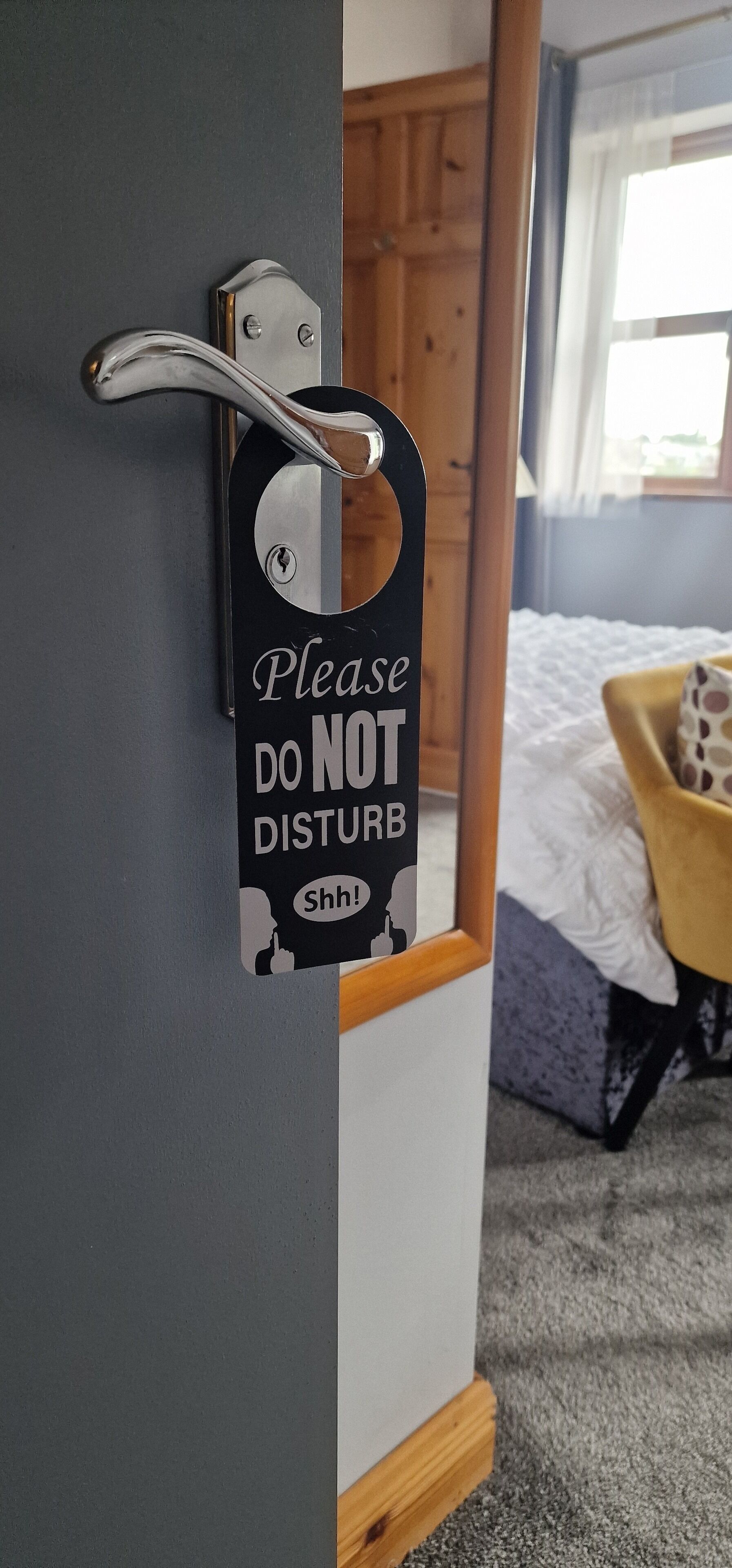 A door with a 'Please Do Not Disturb' sign and a door handle.