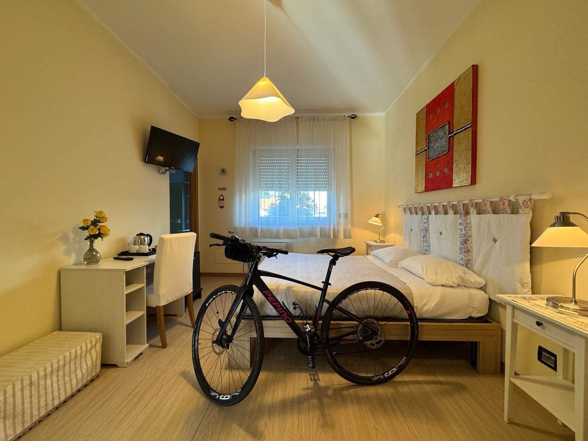 Un dormitorio con una cama, una bicicleta, un escritorio, una silla, un televisor, una ventana con cortinas y un cuadro en la pared.