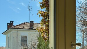 A view through a glass door of a building with a tiled roof, a large planter with a conifer, and a well-maintained lawn. - Eremes Rooms & Apartments (Cuneo)