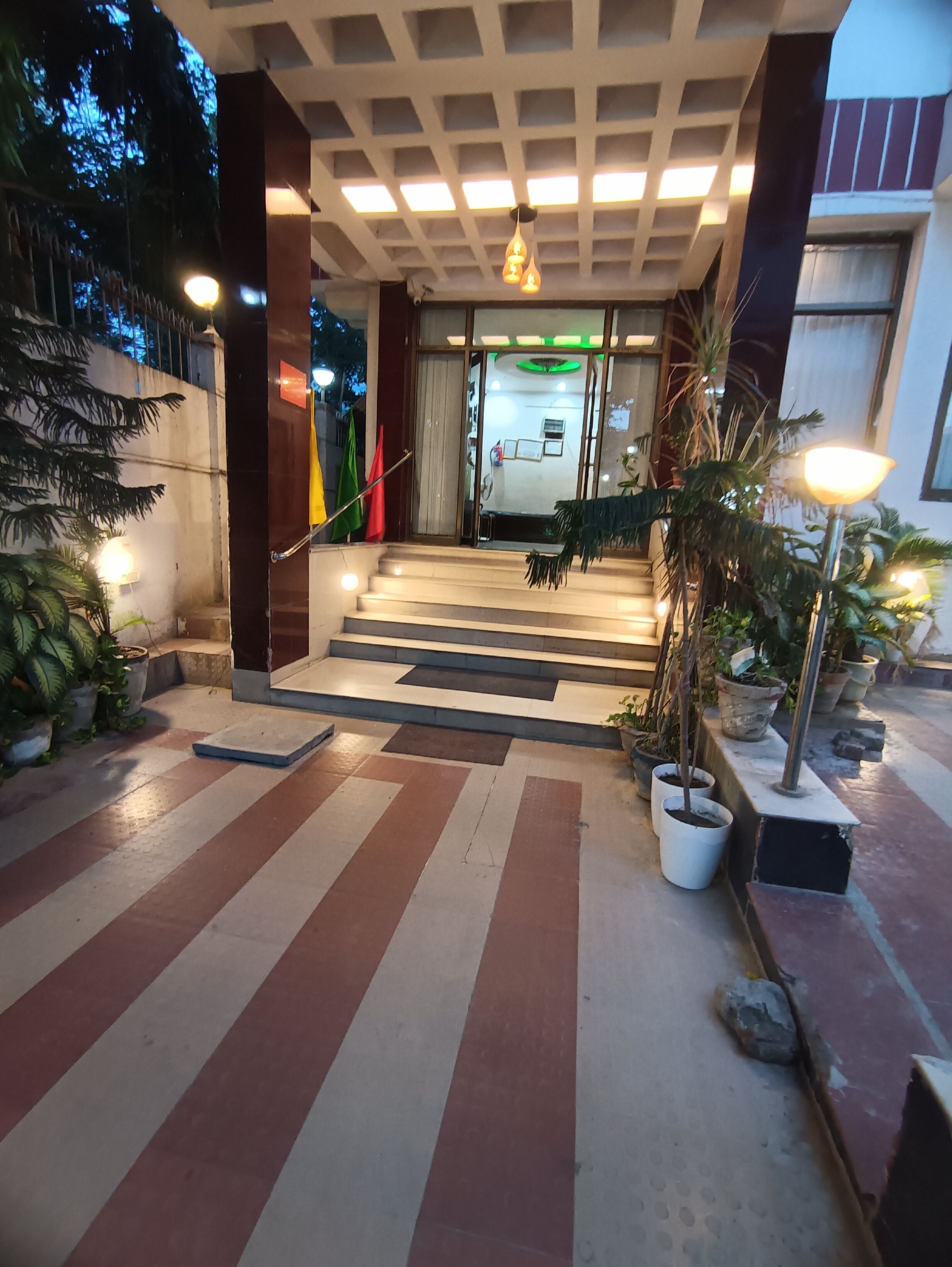 A hotel entrance with a staircase leading to the lobby, potted plants, and a ceiling with recessed lighting.