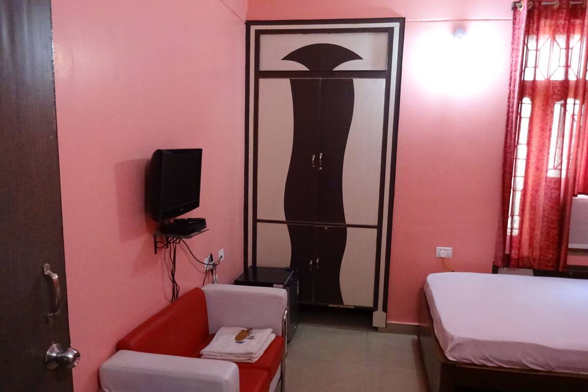 Ein Zimmer mit einem Bett, einem Schlafsofa, einem Fernseher und einem Kleiderschrank.