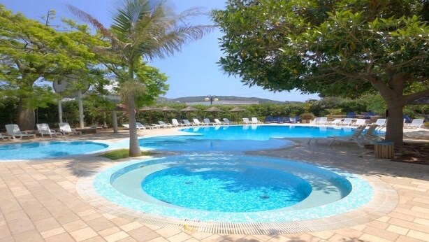 Zona de piscina con varias piscinas, tumbonas y árboles.