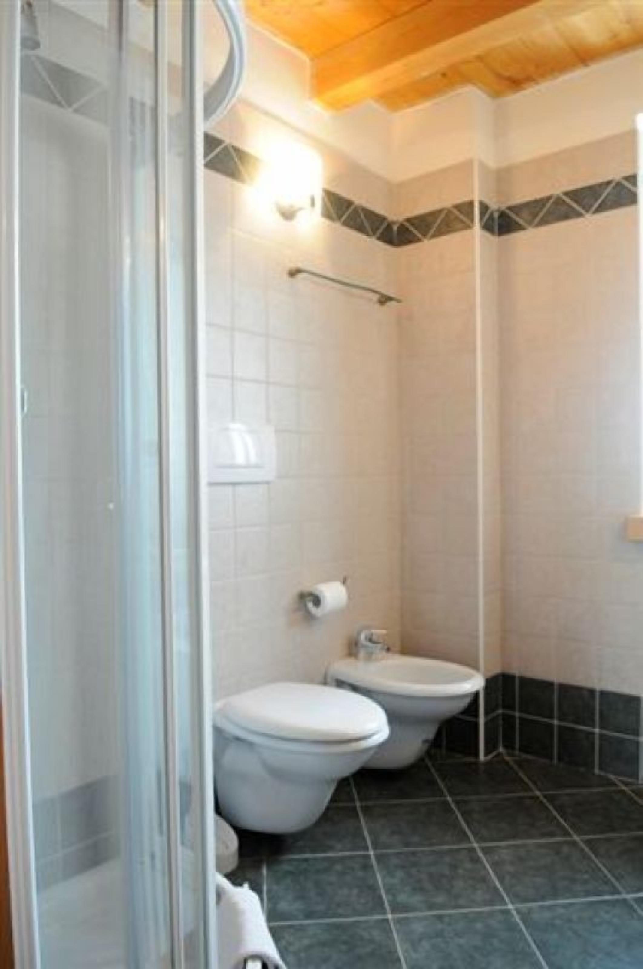 A bathroom with a shower, two toilets, and a towel rack.